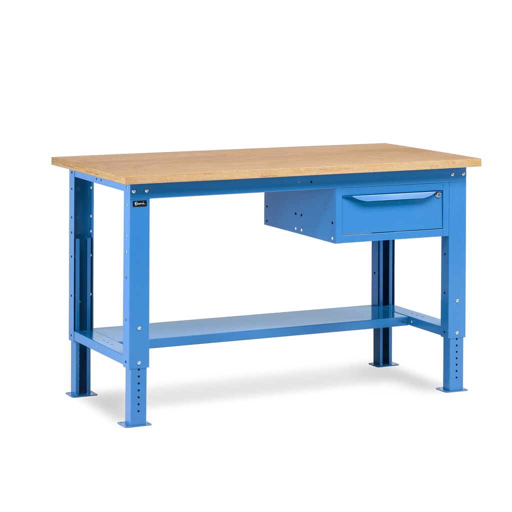 Pracovní stůl Fami, konstrukční výška kově nastavitelný a 1 zásuvka, nosnost 1 000 kg, VxŠxH 740-1,110 x 1 500 x 750 mm, RAL 5012 světle modrá Číslo obrázku produktu 1: Pracovní stůl Fami, konstrukční výška kově nastavitelný a 1 zásuvka, nosnost 1 000 kg, VxŠxH 740-1,110 x 1 500 x 750 mm, RAL 5012 světle modrá
