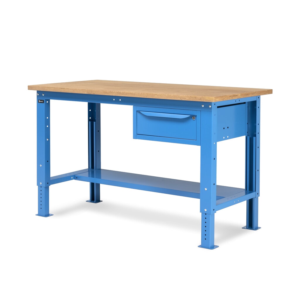Pracovní stůl Fami, konstrukční výška kově nastavitelný a 1 zásuvka, nosnost 1 000 kg, VxŠxH 740-1,110 x 1 500 x 750 mm, RAL 5012 světle modrá Číslo obrázku produktu 5: Pracovní stůl Fami, konstrukční výška kově nastavitelný a 1 zásuvka, nosnost 1 000 kg, VxŠxH 740-1,110 x 1 500 x 750 mm, RAL 5012 světle modrá