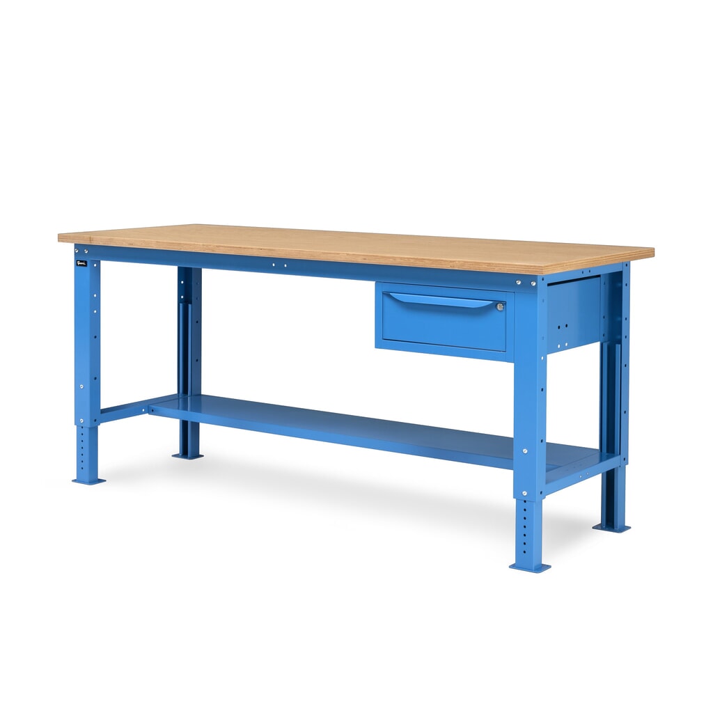 Pracovní stůl Fami, konstrukční výška kově nastavitelný a 1 zásuvka, nosnost 1 000 kg, VxŠxH 740-1,110 x 2 000 x 750 mm, RAL 5012 světle modrá Číslo obrázku produktu 5: Pracovní stůl Fami, konstrukční výška kově nastavitelný a 1 zásuvka, nosnost 1 000 kg, VxŠxH 740-1,110 x 2 000 x 750 mm, RAL 5012 světle modrá