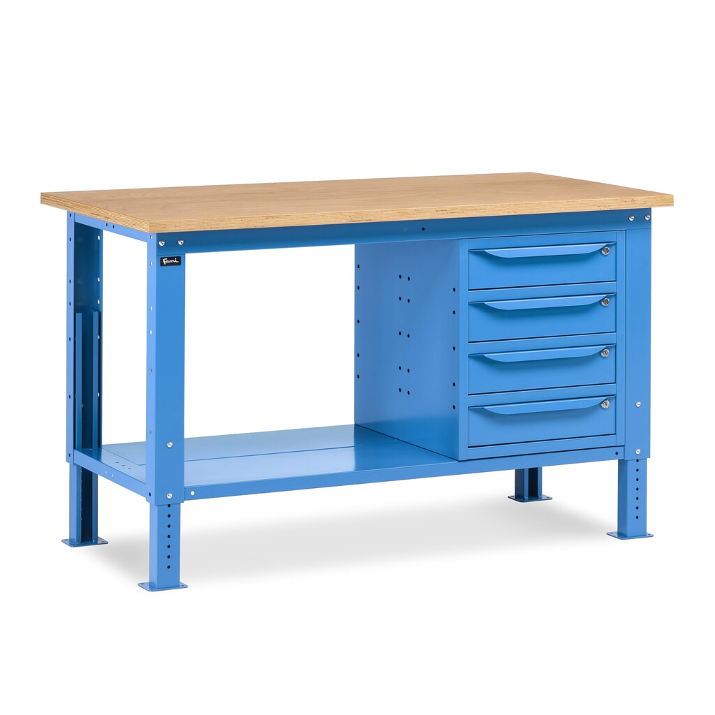 Pracovní stůl Fami, konstrukční výška kově nastavitelný a 4 zásuvky, nosnost 1 000 kg, VxŠxH 740-1,110 x 1 500 x 750 mm, RAL 5012 světle modrá Obrázek produktu: Pracovní stůl Fami, konstrukční výška kově nastavitelný a 4 zásuvky, nosnost 1 000 kg, VxŠxH 740-1,110 x 1 500 x 750 mm, RAL 5012 světle modrá