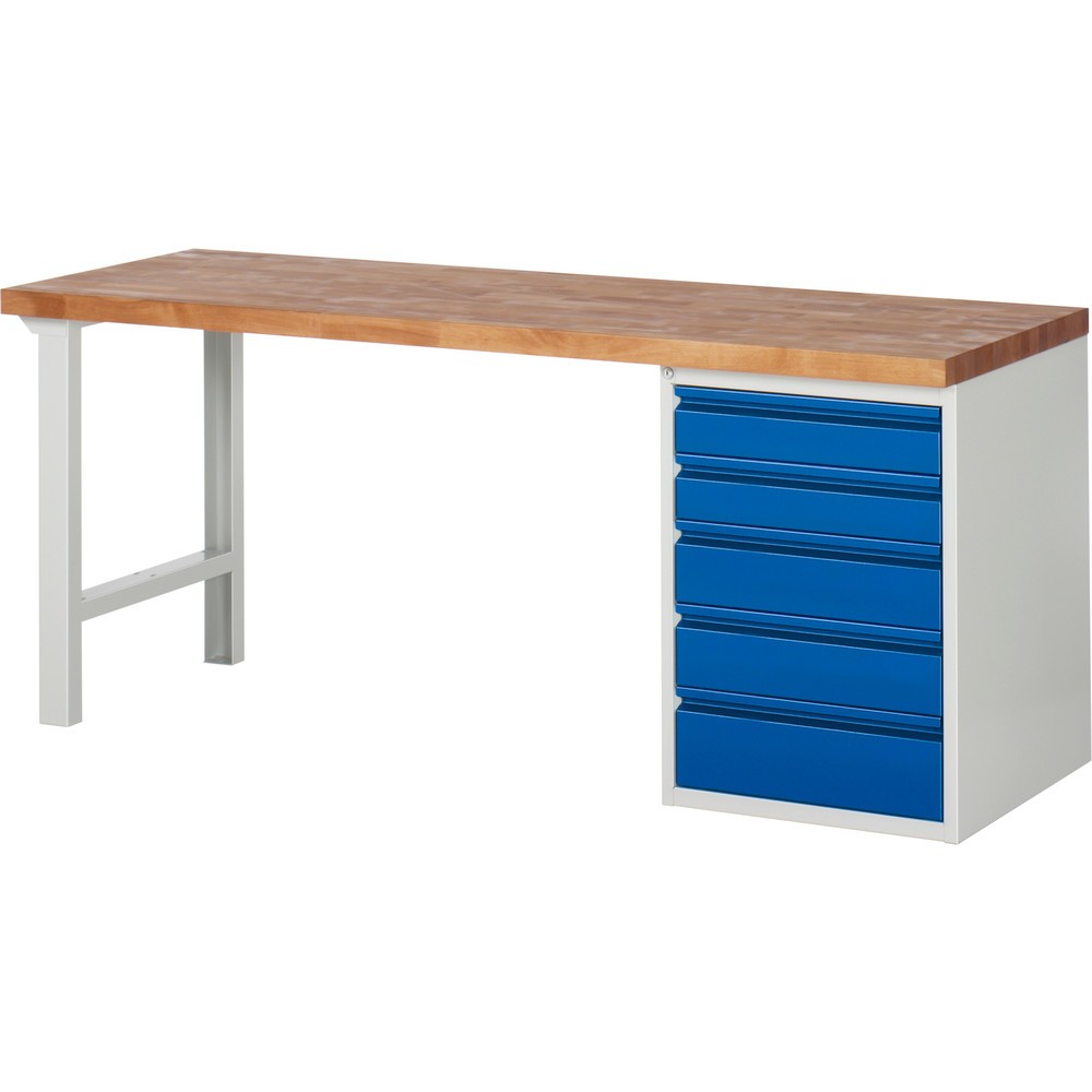 Číslo obrázku produktu 1: Pracovní stůl RAU řada 7000, 1 kontejner, VxŠxH 840 x 2000 x 700 mm, 5x zásuvka s výsuvem 90 %, 2 x 120, 2 x 150, 1 x 180 mm, nosnost zásuvky 100 kg