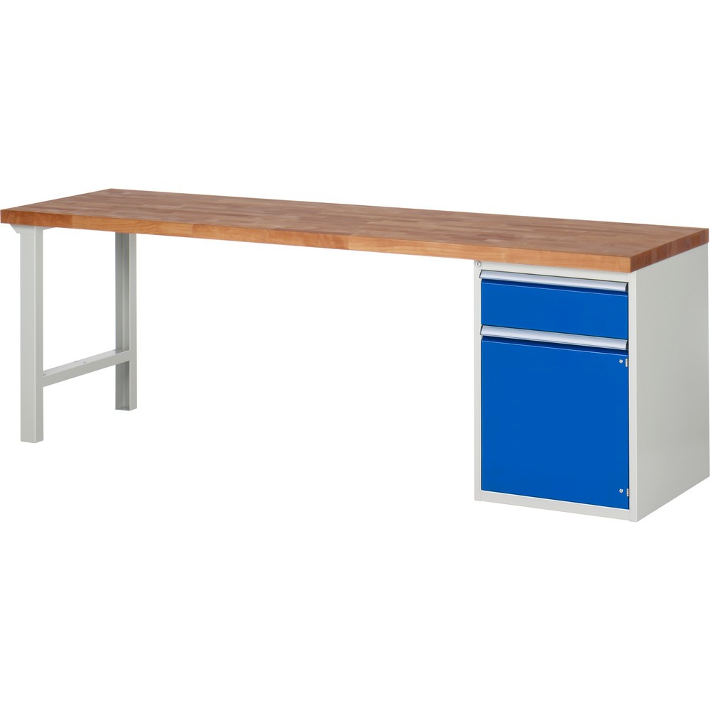Číslo obrázku produktu 1: Pracovní stůl RAU řada 7000, 1 kontejner VxŠxH 890 x 2500 x 700 mm, 1x zásuvka s výsuvem 100 %, 1 police, 1 křídlové dveře