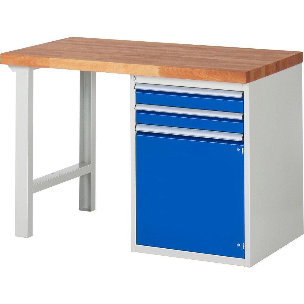 Obrázek produktu: Pracovní stůl RAU řada 7000, 1 kontejner VxŠxH 890 x 1250 x 700 mm, 2x zásuvka s výsuvem 100 %, 1 police, 1 křídlové dveře