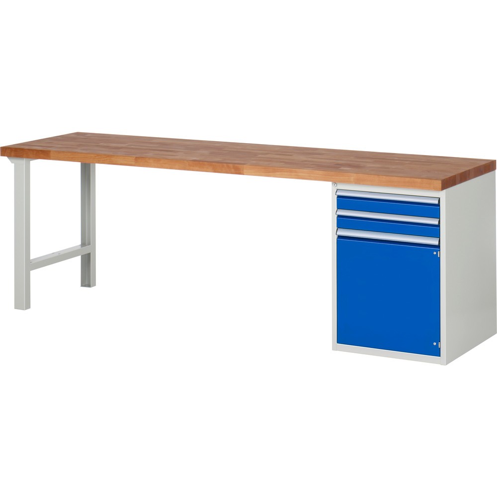 Číslo obrázku produktu 1: Pracovní stůl RAU řada 7000, 1 kontejner VxŠxH 840 x 2500 x 700 mm, 2x zásuvka s výsuvem 90 %, 1 police, 1 křídlové dveře
