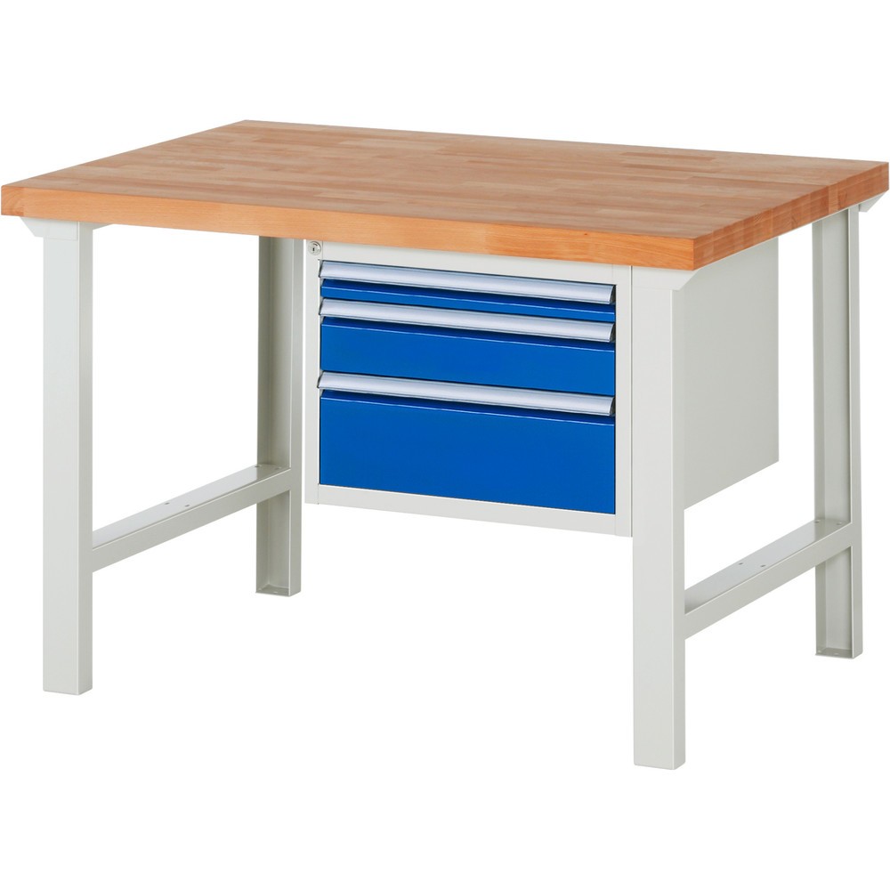 Číslo obrázku produktu 1: Pracovní stůl RAU řada 7000, 1 kontejner, VxŠxH 840 x 1250 x 900 mm, 3x zásuvka s výsuvem 90 %, 1 x 60, 1 x 120, 1 x 180 mm, nosnost zásuvky 100 kg