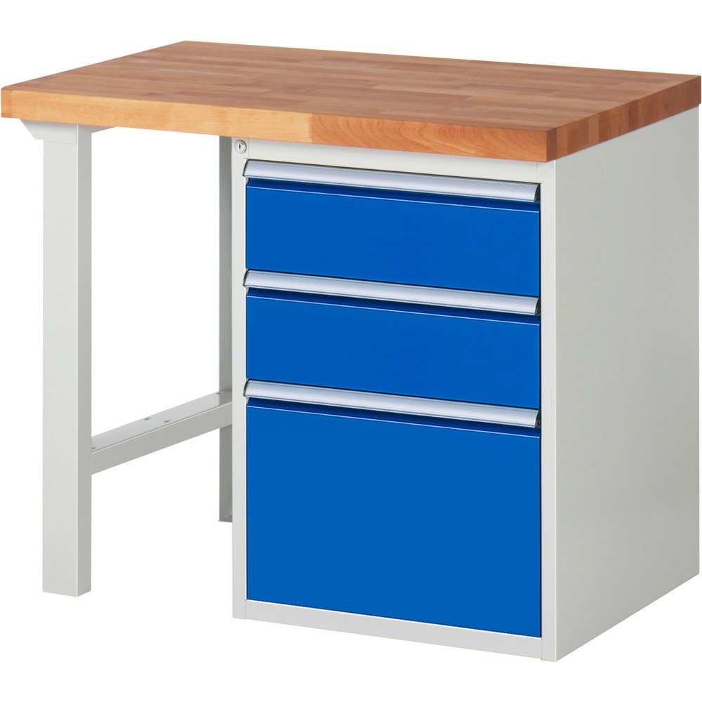 Obrázek produktu: Pracovní stůl RAU řada 7000, 1 kontejner, VxŠxH 840 x 1000 x 700 mm, 3x zásuvka s výsuvem 100 %, 2 x 180, 1 x 360 mm, nosnost zásuvky 100 kg