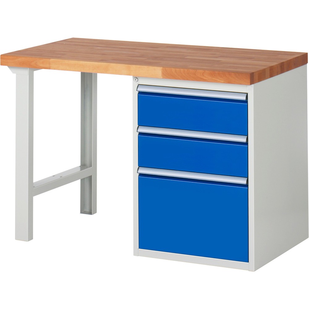 Číslo obrázku produktu 1: Pracovní stůl RAU řada 7000, 1 kontejner, VxŠxH 840 x 1250 x 700 mm, 3x zásuvka s výsuvem 100 %, 2 x 180, 1 x 360 mm, nosnost zásuvky 100 kg