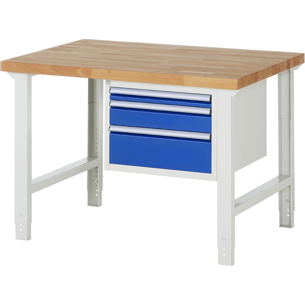 Obrázek produktu: Pracovní stůl RAU řada 7000, 1 kontejner, VxŠxH 790-1140 x 1250 x 900 mm, 3x zásuvka s výsuvem 100 %, 1 x 60, 1 x 120, 1 x 180 mm