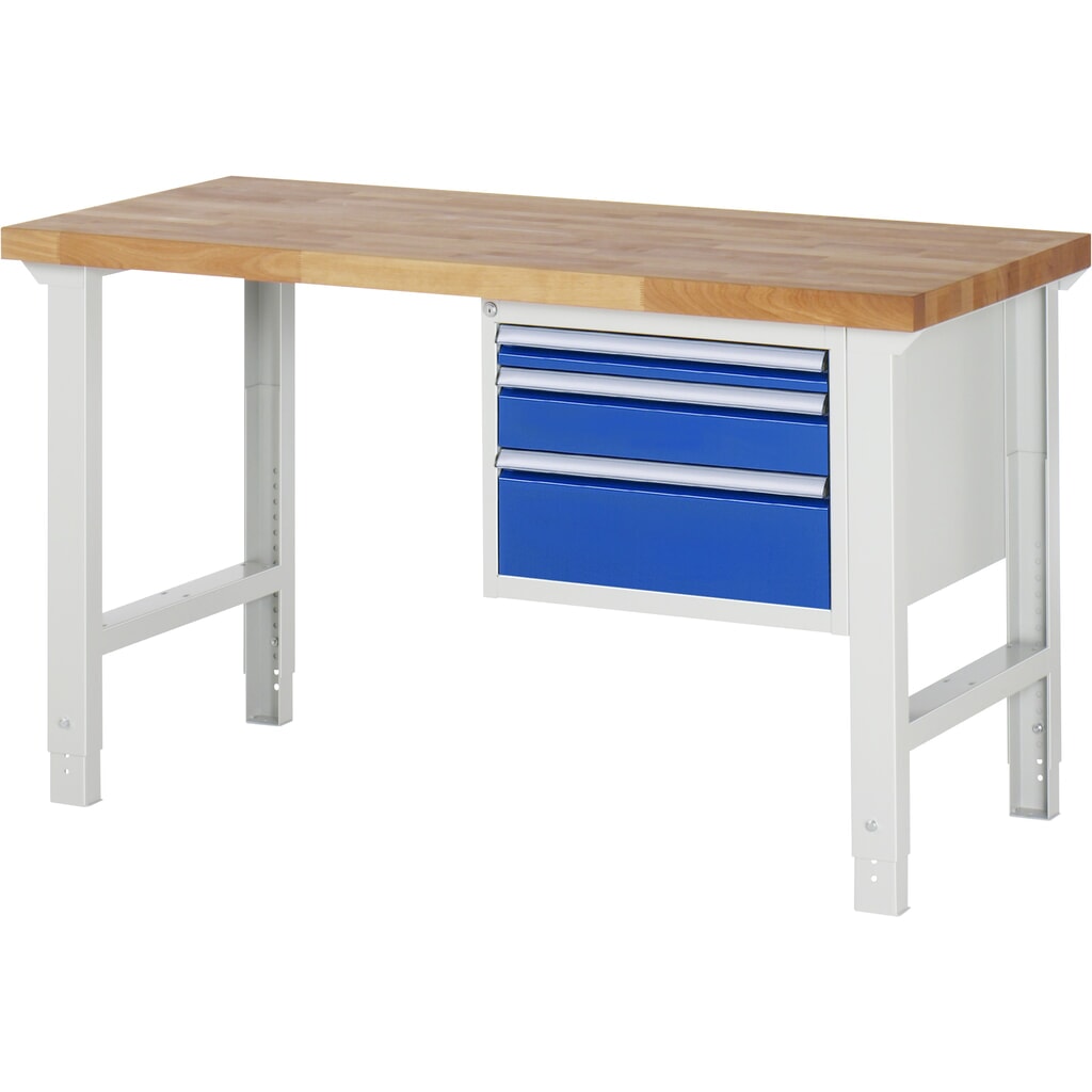 Pracovní stůl RAU, řada 7000, V׊×H 790-1140 × 1500 × 700 mm, 1 spodní kontejner vpravo, 3 zásuvky Obrázek produktu: Pracovní stůl RAU, řada 7000, V׊×H 790-1140 × 1500 × 700 mm, 1 spodní kontejner vpravo, 3 zásuvky
