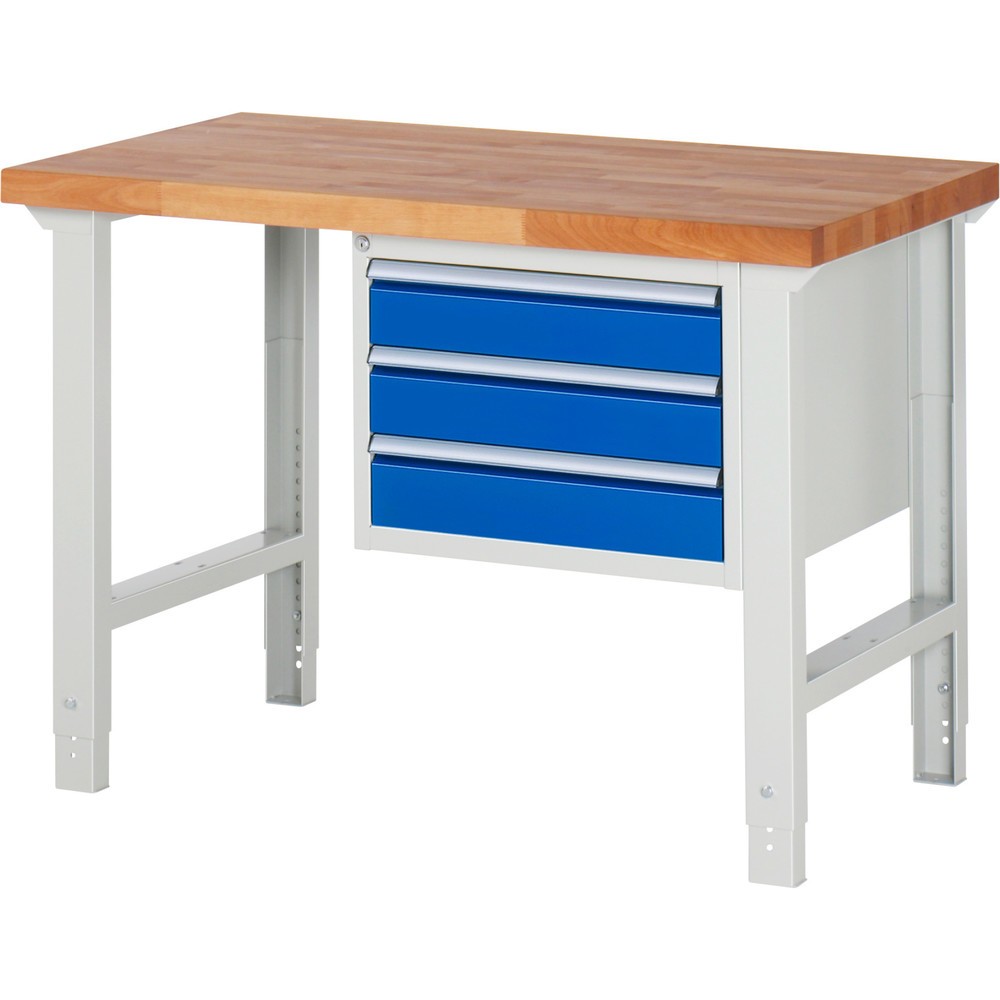 Číslo obrázku produktu 1: Pracovní stůl RAU řada 7000, 1 kontejner, VxŠxH 790-1140 x 1250 x 700 mm, 3x zásuvka s výsuvem 90 %, 3 x 120 mm