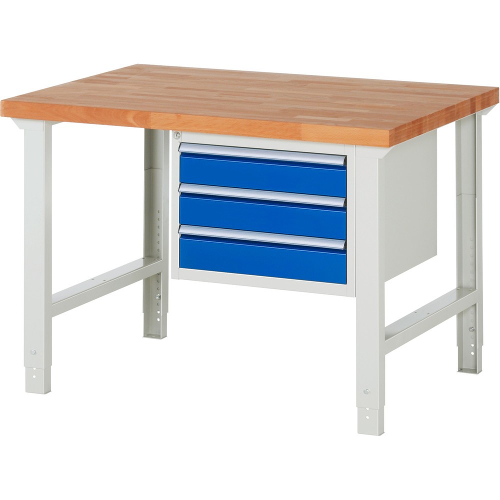 Číslo obrázku produktu 1: Pracovní stůl RAU řada 7000, 1 kontejner, VxŠxH 790-1140 x 1250 x 900 mm, 3x zásuvka s výsuvem 100 %, 3 x 120 mm