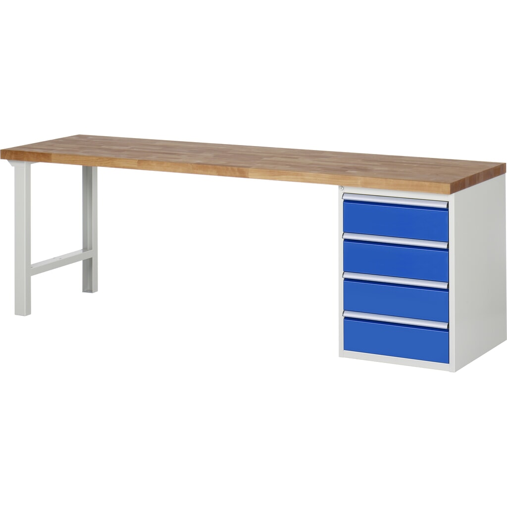 Pracovní stůl RAU, řada 7000, V׊×H 890 × 2500 × 700 mm, 1 spodní kontejner vpravo, 4 zásuvky Obrázek produktu: Pracovní stůl RAU, řada 7000, V׊×H 890 × 2500 × 700 mm, 1 spodní kontejner vpravo, 4 zásuvky