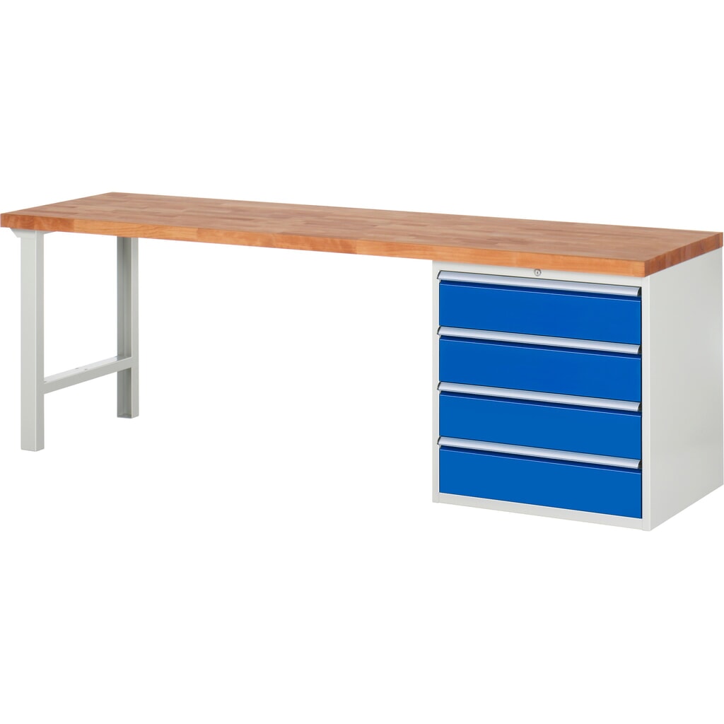 Pracovní stůl RAU řada 7000, 1 kontejner, VxŠxH 890 x 2500 x 700 mm, 4x zásuvka s výsuvem 100 % 4 x 180 mm, nosnost zásuvky 100 kg Obrázek produktu: Pracovní stůl RAU řada 7000, 1 kontejner, VxŠxH 890 x 2500 x 700 mm, 4x zásuvka s výsuvem 100 % 4 x 180 mm, nosnost zásuvky 100 kg