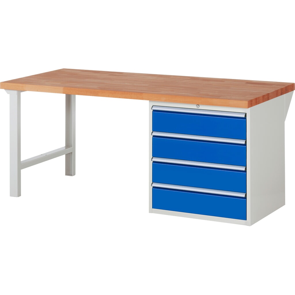 Pracovní stůl RAU řada 7000, 1 kontejner, VxŠxH 890 x 2000 x 900 mm, 4x zásuvka s výsuvem 100 % 4 x 180 mm, nosnost zásuvky 100 kg Obrázek produktu: Pracovní stůl RAU řada 7000, 1 kontejner, VxŠxH 890 x 2000 x 900 mm, 4x zásuvka s výsuvem 100 % 4 x 180 mm, nosnost zásuvky 100 kg