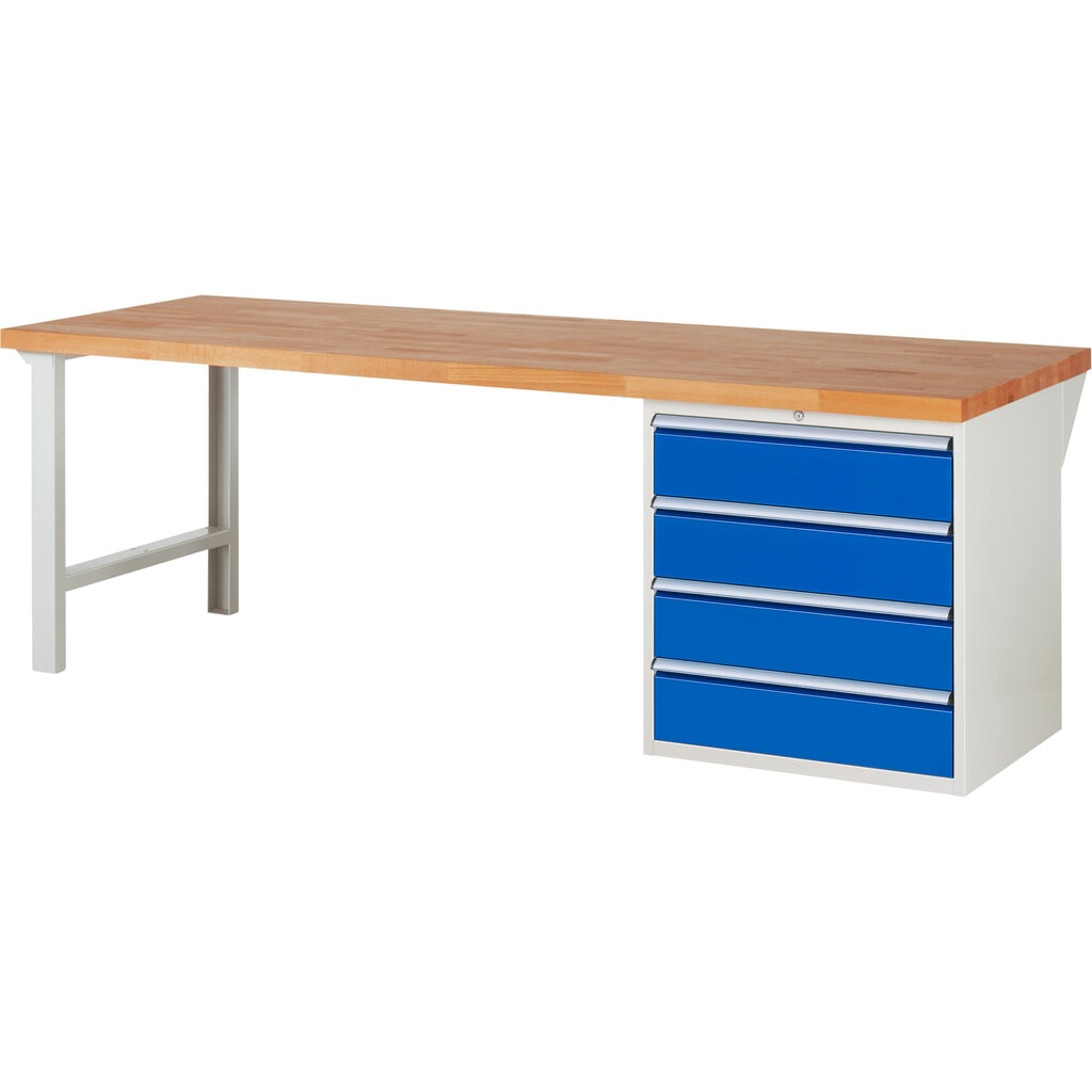 Pracovní stůl RAU řada 7000, 1 kontejner, VxŠxH 890 x 2500 x 900 mm, 4x zásuvka s výsuvem 100 % 4 x 180 mm, nosnost zásuvky 100 kg Obrázek produktu: Pracovní stůl RAU řada 7000, 1 kontejner, VxŠxH 890 x 2500 x 900 mm, 4x zásuvka s výsuvem 100 % 4 x 180 mm, nosnost zásuvky 100 kg
