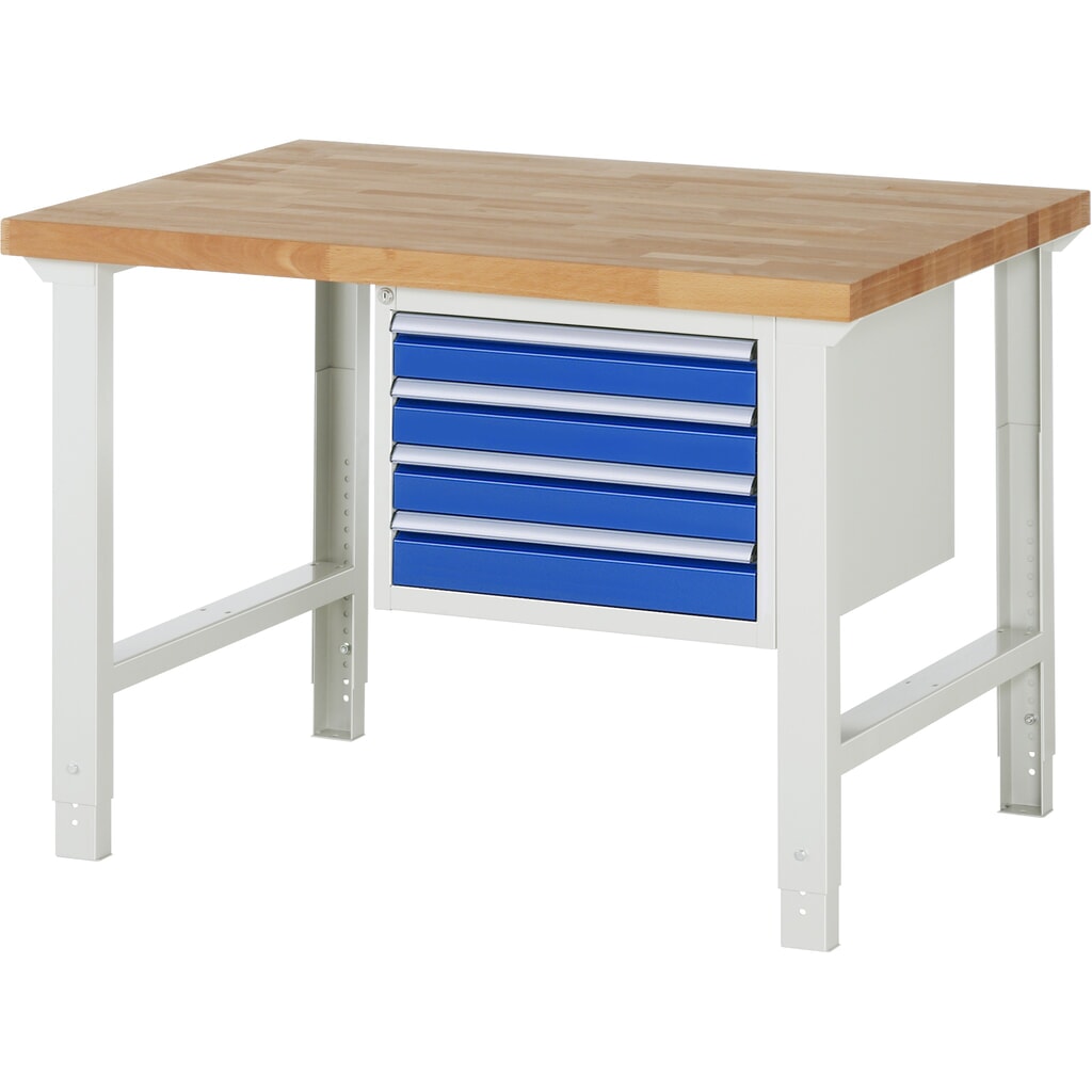 Pracovní stůl RAU, řada 7000, V׊×H 790-1140 × 1250 × 900 mm, 1 spodní kontejner vpravo, 4 zásuvky Obrázek produktu: Pracovní stůl RAU, řada 7000, V׊×H 790-1140 × 1250 × 900 mm, 1 spodní kontejner vpravo, 4 zásuvky