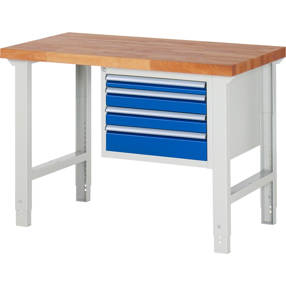 Číslo obrázku produktu 1: Pracovní stůl RAU řada 7000, 1 kontejner, VxŠxH 790-1140 x 1250 x 700 mm, 4x zásuvka s výsuvem 90 %, 1 x 60, 2 x 90, 1 x 120 mm