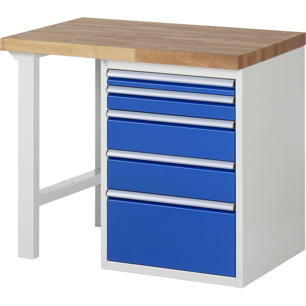 Obrázek produktu: Pracovní stůl RAU řada 7000, 1 kontejner, VxŠxH 840 x 1000 x 700 mm, 5x zásuvka s výsuvem 90 %, 1 x 60, 1 x 90, 2 x 150, 1 x 270 mm, nosnost zásuvky 100 kg