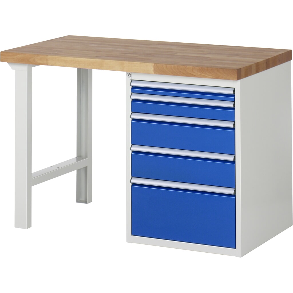 Obrázek produktu: Pracovní stůl RAU řada 7000, 1 kontejner, VxŠxH 840 x 1250 x 700 mm, 5x zásuvka s výsuvem 100 %, 1 x 60, 1 x 90, 2 x 150, 1 x 270 mm, nosnost zásuvky 100 kg