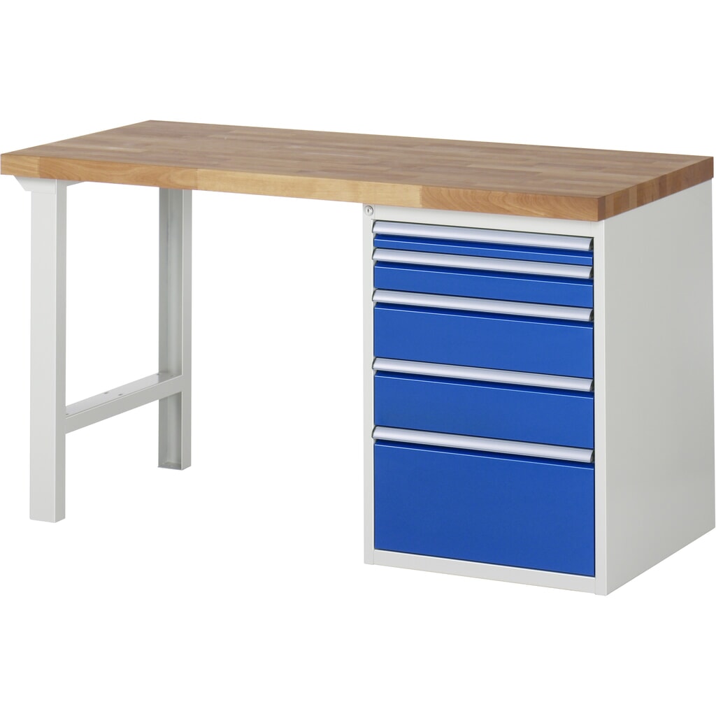 Pracovní stůl RAU, řada 7000, V׊×H 890 × 1500 × 700 mm, 1 spodní kontejner vpravo, 5 zásuvek Obrázek produktu: Pracovní stůl RAU, řada 7000, V׊×H 890 × 1500 × 700 mm, 1 spodní kontejner vpravo, 5 zásuvek