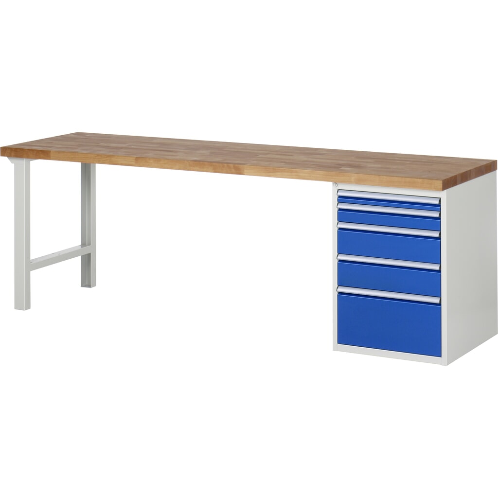 Pracovní stůl RAU, řada 7000, V׊×H 890 × 2500 × 700 mm, 1 spodní kontejner vpravo, 5 zásuvek Obrázek produktu: Pracovní stůl RAU, řada 7000, V׊×H 890 × 2500 × 700 mm, 1 spodní kontejner vpravo, 5 zásuvek