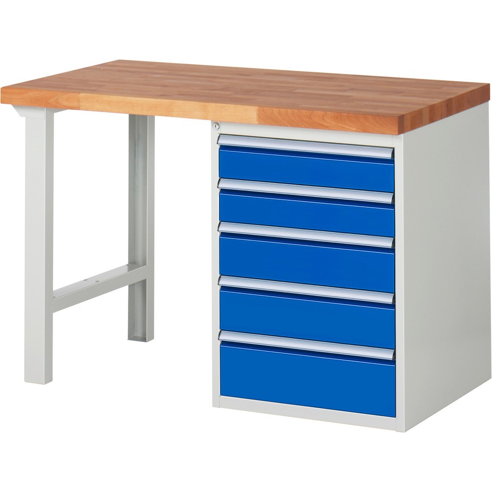 Obrázek produktu: Pracovní stůl RAU řada 7000, 1 kontejner, VxŠxH 890 x 1250 x 700 mm, 5x zásuvka s výsuvem 90 %, 2 x 120, 2 x 150, 1 x 180 mm, nosnost zásuvky 100 kg