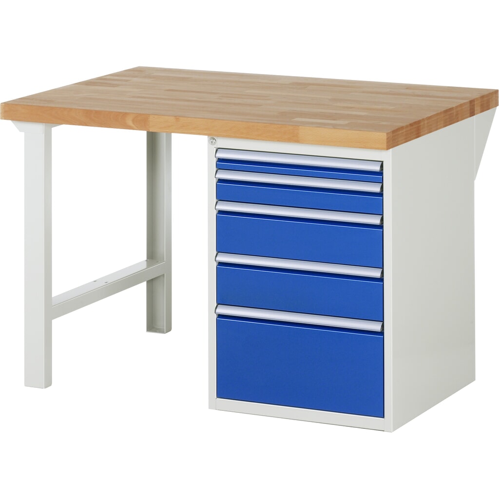 Obrázek produktu: Pracovní stůl RAU řada 7000, 1 kontejner, VxŠxH 840 x 1250 x 900 mm, 5x zásuvka s výsuvem 100 %, 1 x 60, 1 x 90, 2 x 150, 1 x 270 mm, nosnost zásuvky 100 kg