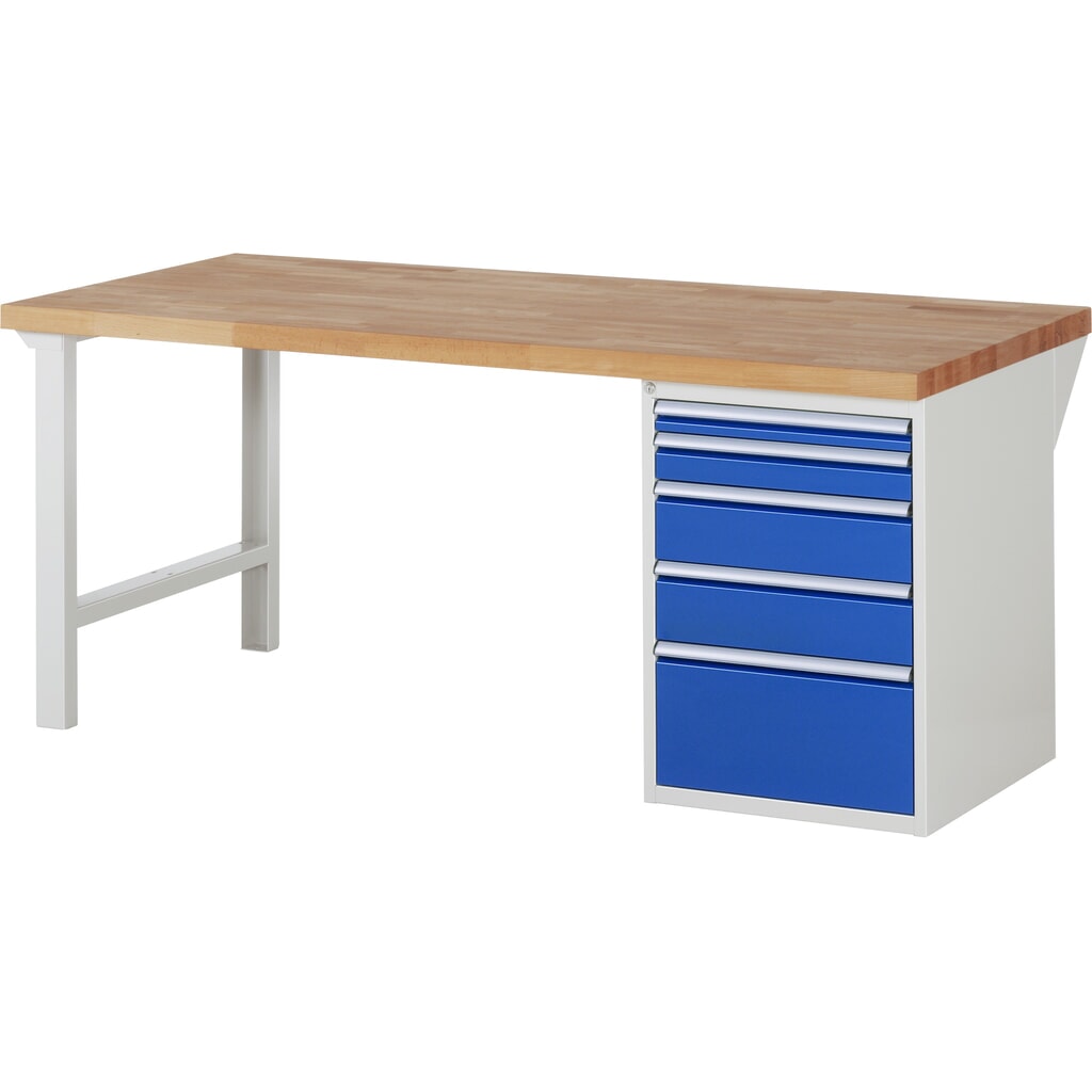 Pracovní stůl RAU, řada 7000, V׊×H 890 × 2000 × 900 mm, 1 spodní kontejner vpravo, 5 zásuvek Obrázek produktu: Pracovní stůl RAU, řada 7000, V׊×H 890 × 2000 × 900 mm, 1 spodní kontejner vpravo, 5 zásuvek