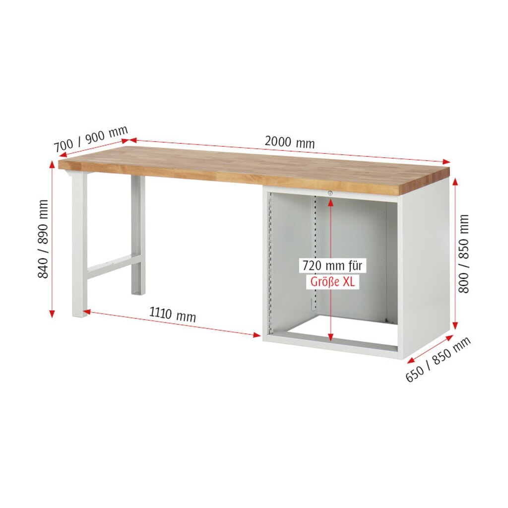 Číslo obrázku produktu 6: Pracovní stůl RAU řada 7000, 1 kontejner, VxŠxH 890 x 2000 x 700 mm, 4x zásuvka s výsuvem 90 % 4 x 180 mm, nosnost zásuvky 100 kg