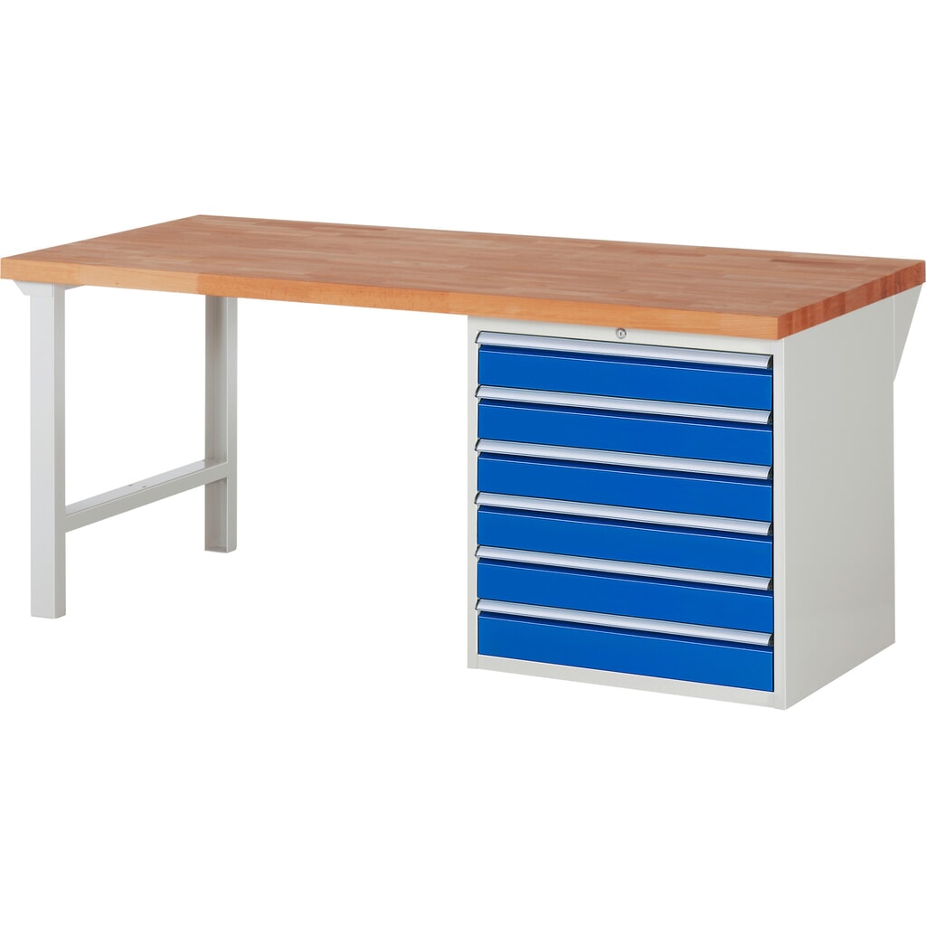 Pracovní stůl RAU řada 7000, 1 kontejner, VxŠxH 890 x 2000 x 900 mm, 6x zásuvka s výsuvem 90 % 6 x 120 mm, nosnost zásuvky 100 kg Obrázek produktu: Pracovní stůl RAU řada 7000, 1 kontejner, VxŠxH 890 x 2000 x 900 mm, 6x zásuvka s výsuvem 90 % 6 x 120 mm, nosnost zásuvky 100 kg