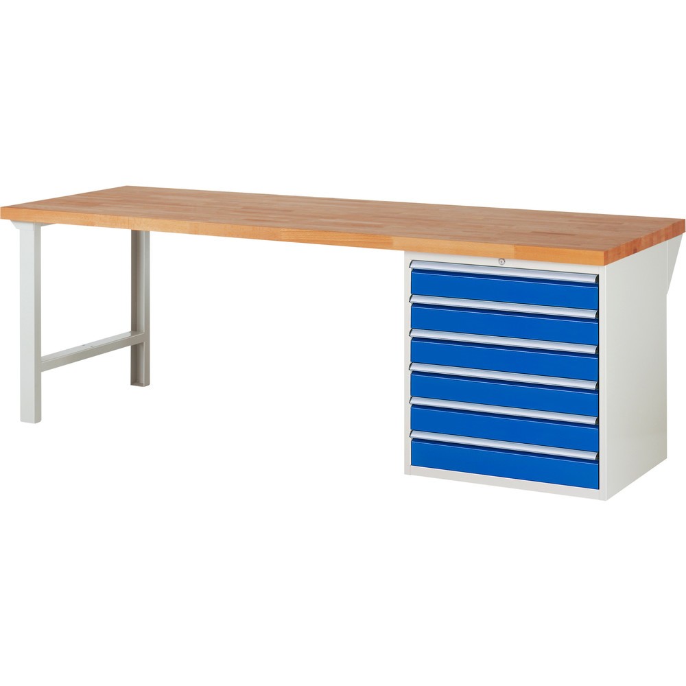 Obrázek produktu: Pracovní stůl RAU řada 7000, 1 kontejner, VxŠxH 840 x 2500 x 900 mm, 6x zásuvka s výsuvem 100 % 6 x 120 mm, nosnost zásuvky 100 kg