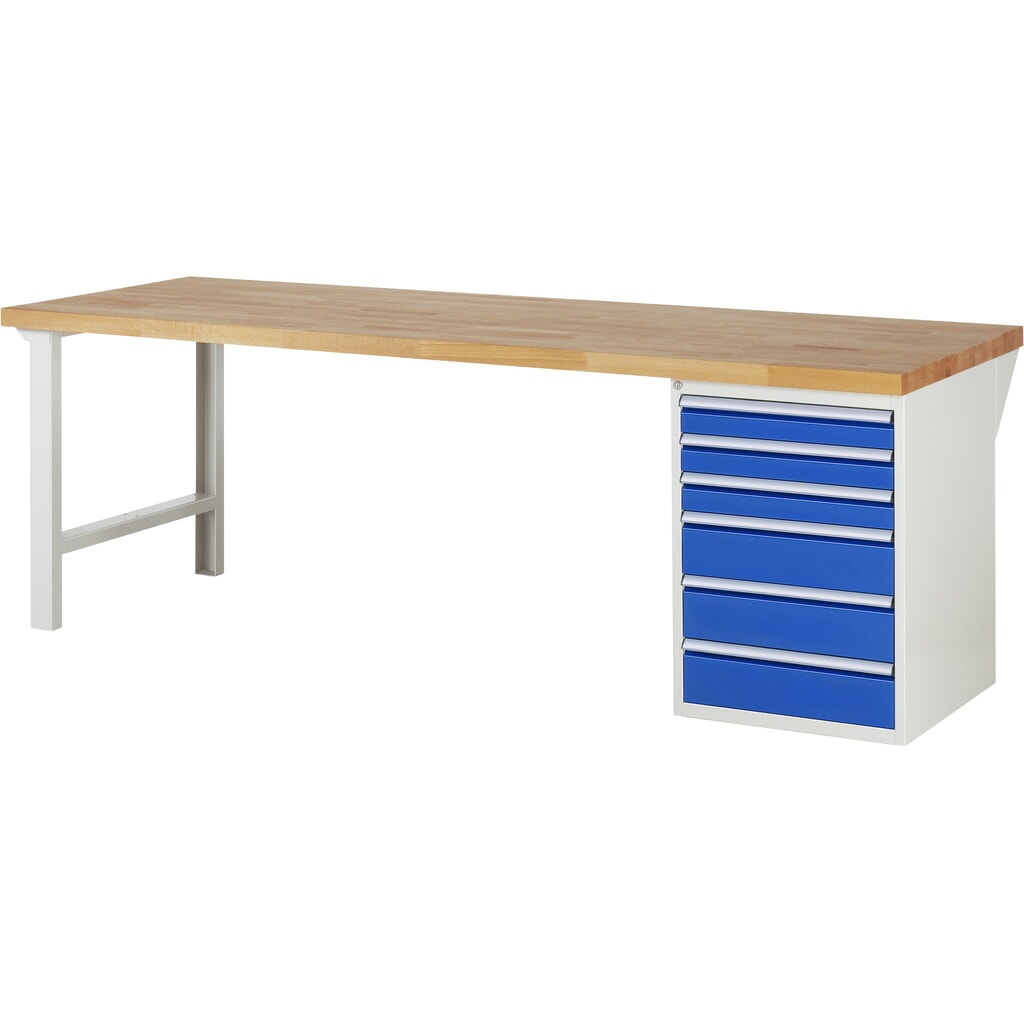 Pracovní stůl RAU, řada 7000, V׊×H 890 × 2500 × 900 mm, 1 spodní kontejner vpravo, 6 zásuvek Obrázek produktu: Pracovní stůl RAU, řada 7000, V׊×H 890 × 2500 × 900 mm, 1 spodní kontejner vpravo, 6 zásuvek