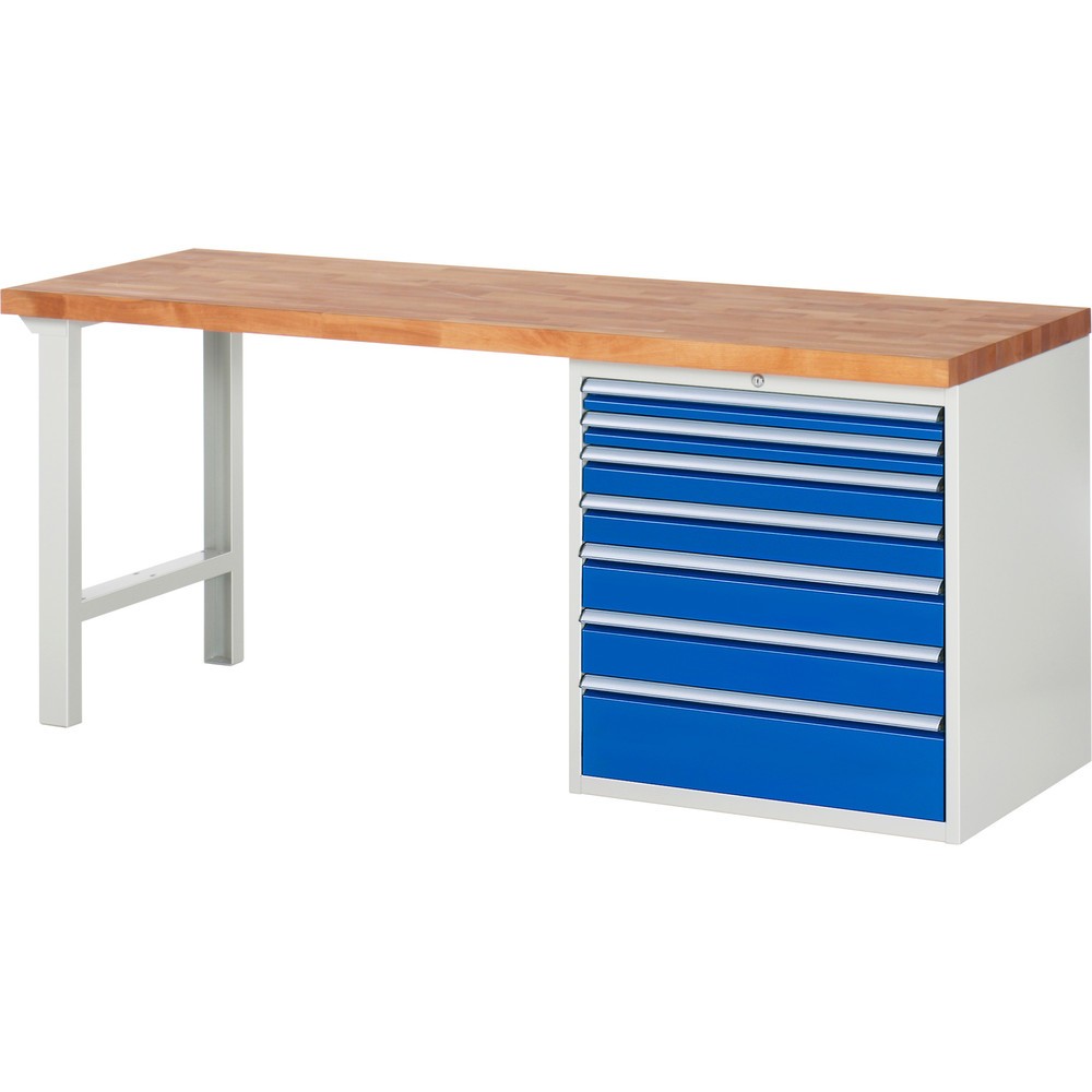 Číslo obrázku produktu 1: Pracovní stůl RAU řada 7000, 1 kontejner, VxŠxH 840 x 2000 x 700 mm, 7x zásuvka s výsuvem 90 %, nosnost zásuvky 100 kg