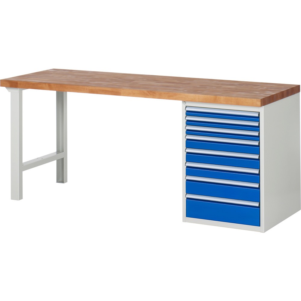 Obrázek produktu: Pracovní stůl RAU řada 7000, 1 kontejner, VxŠxH 840 x 2000 x 700 mm, 8x zásuvka s výsuvem 100 %, nosnost zásuvky 100 kg