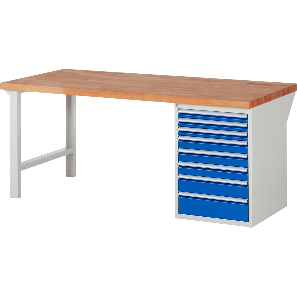 Pracovní stůl RAU řada 7000, 1 kontejner, VxŠxH 890 x 2000 x 900 mm, 8x zásuvka s výsuvem 90 %, nosnost zásuvky 100 kg Obrázek produktu: Pracovní stůl RAU řada 7000, 1 kontejner, VxŠxH 890 x 2000 x 900 mm, 8x zásuvka s výsuvem 90 %, nosnost zásuvky 100 kg