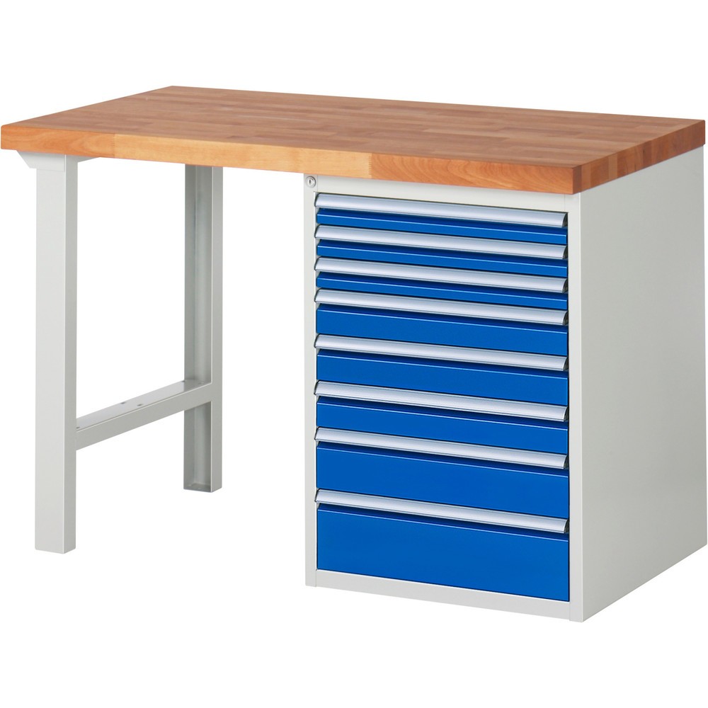 Číslo obrázku produktu 1: Pracovní stůl RAU řada 7000, 1 kontejner, VxŠxH 840 x 1250 x 700 mm, 8x zásuvka s výsuvem 90 %, nosnost zásuvky 100 kg