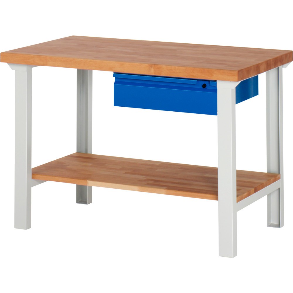 Obrázek produktu: Pracovní stůl RAU řada 7000, 1 odkládací plocha z bukového masivu, VxŠxH 840 x 1250 x 700 mm, 1 zásuvka 1 x 150 mm