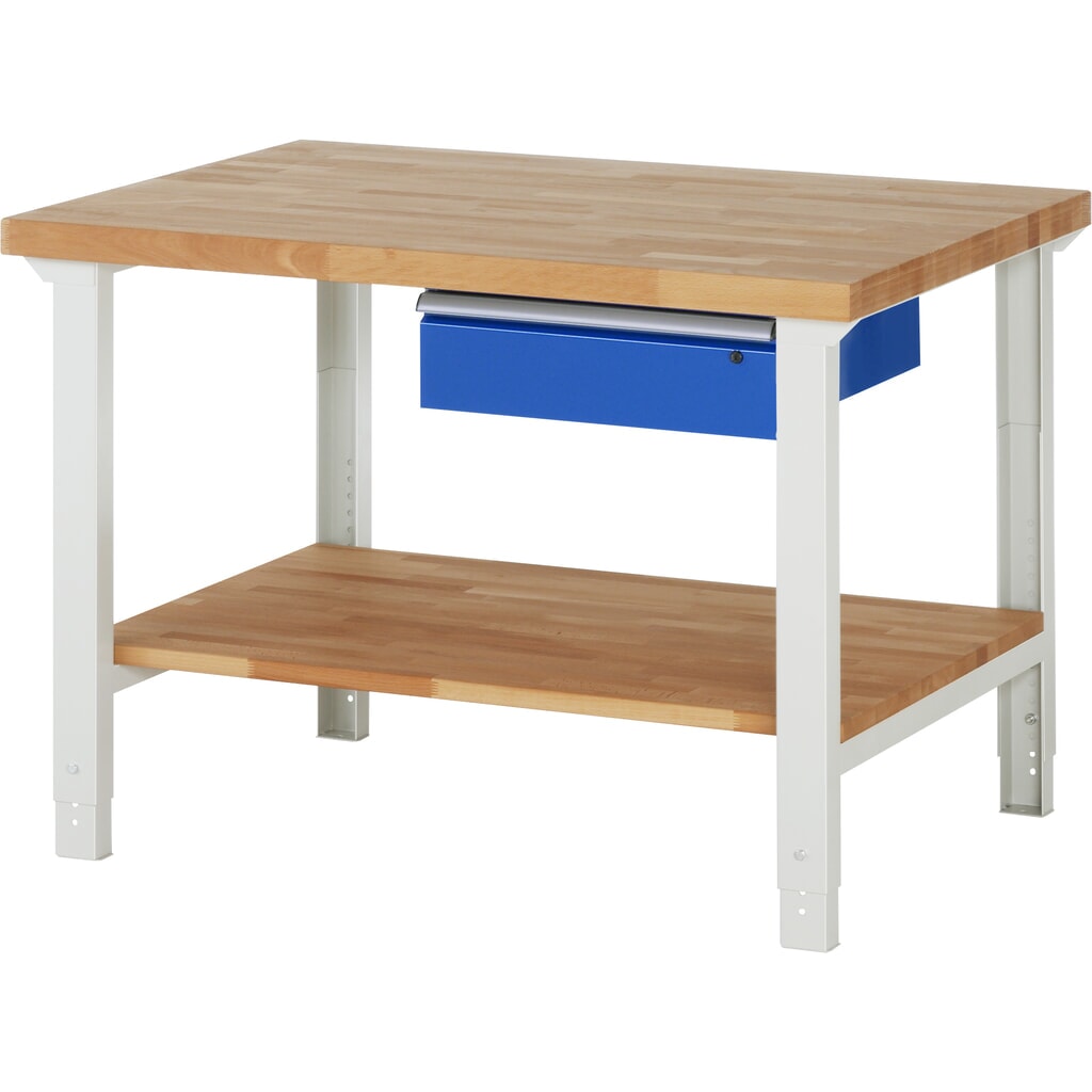 Obrázek produktu: Pracovní stůl RAU řady 7000, V×Š×H 790-1140 1250 × 900 mm, dole odkládací police, 1 zásuvka vpravo