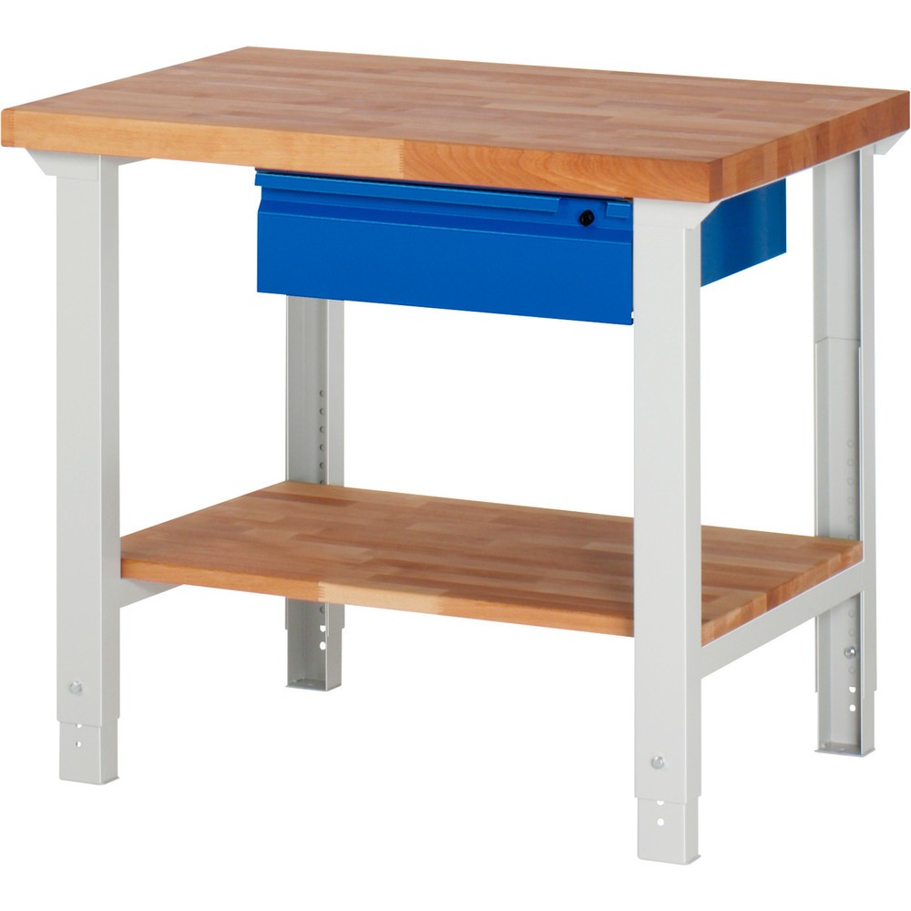 Číslo obrázku produktu 1: Pracovní stůl RAU řada 7000, 1 odkládací police z bukového masivu, VxŠxH 790-1140 x 1000 x 700 mm, 1x zásuvka 1 x 150 mm