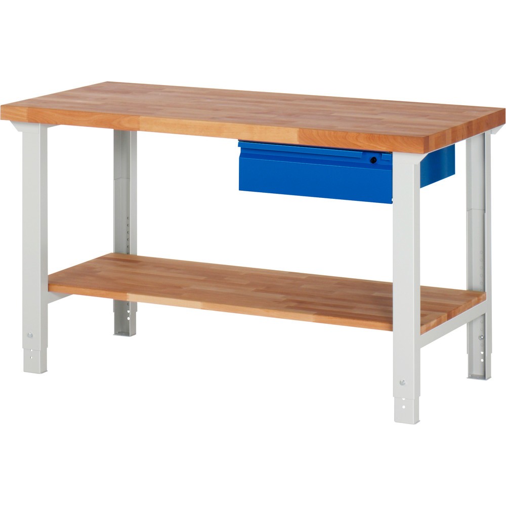 Číslo obrázku produktu 1: Pracovní stůl RAU řada 7000, 1 odkládací police z bukového masivu, VxŠxH 790-1140 x 1500 x 700 mm, 1x zásuvka 1 x 150 mm