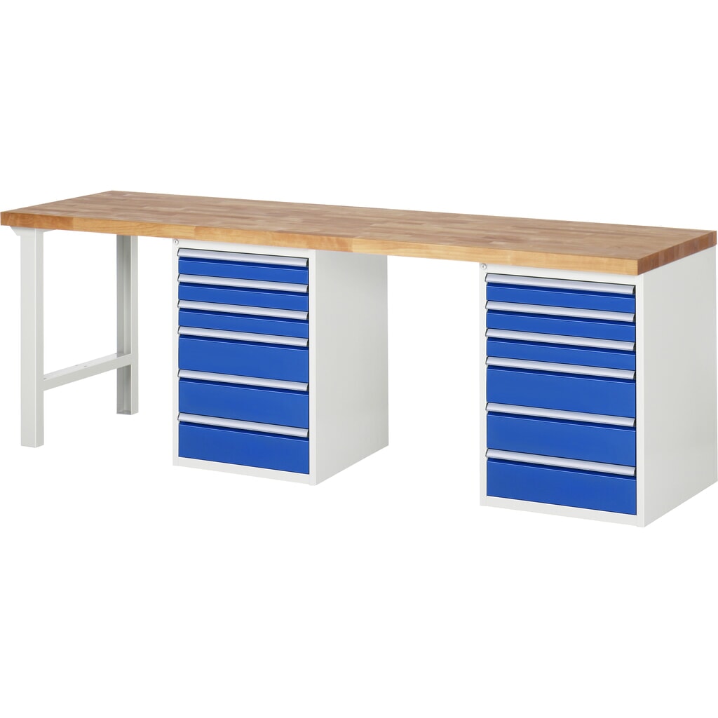 Pracovní stůl RAU řada 7000, 2 kontejnery, VxŠxH 840 x 2500 x 700 mm, 12x zásuvka s výsuvem 90 %, 6 x 90 mm, 6 x 150 mm Obrázek produktu: Pracovní stůl RAU řada 7000, 2 kontejnery, VxŠxH 840 x 2500 x 700 mm, 12x zásuvka s výsuvem 90 %, 6 x 90 mm, 6 x 150 mm