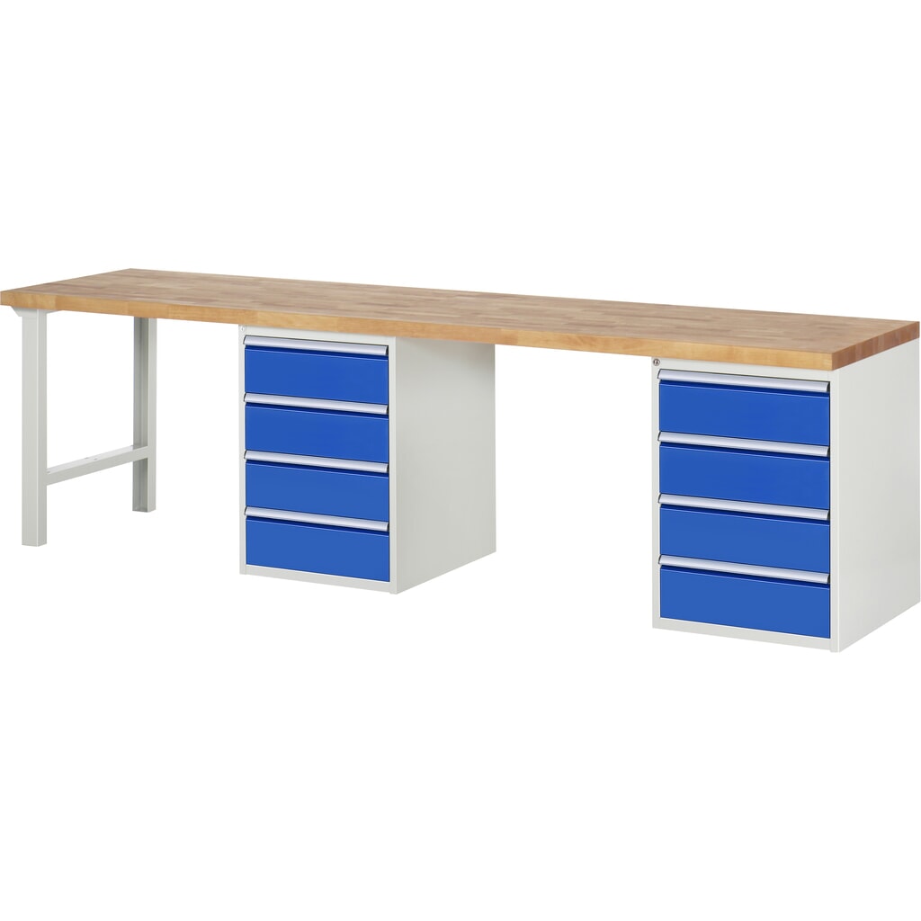Pracovní stůl RAU, řada 7000, V׊×H 890 × 3000 × 700 mm, 2 spodní kontejnery, každý se 4 zásuvkami Obrázek produktu: Pracovní stůl RAU, řada 7000, V׊×H 890 × 3000 × 700 mm, 2 spodní kontejnery, každý se 4 zásuvkami