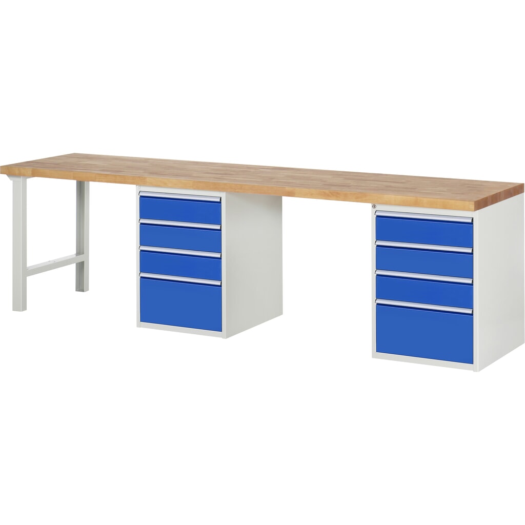 Pracovní stůl RAU, řada 7000, V׊×H 890 × 3000 × 700 mm, 2 spodní kontejnery, každý se 4 zásuvkami Obrázek produktu: Pracovní stůl RAU, řada 7000, V׊×H 890 × 3000 × 700 mm, 2 spodní kontejnery, každý se 4 zásuvkami