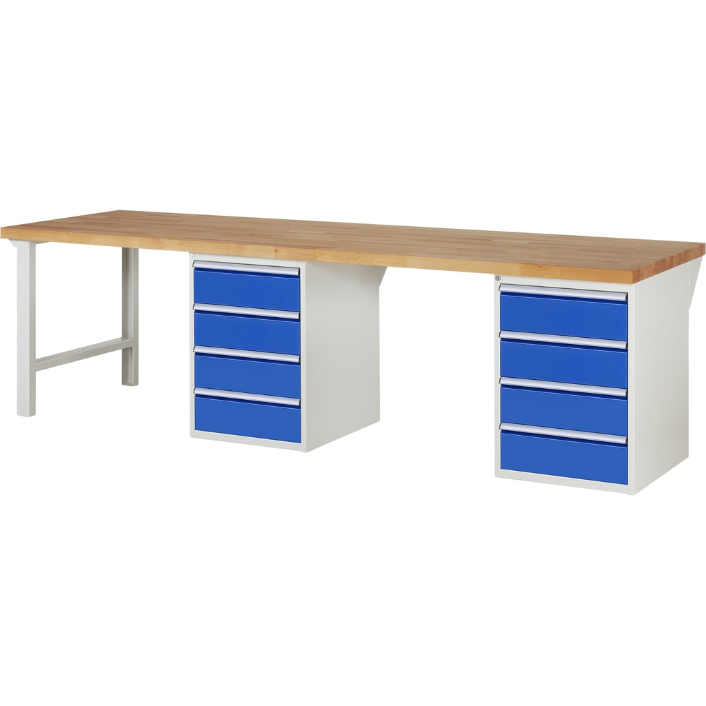Pracovní stůl RAU, řada 7000, V׊×H 890 × 3000 × 900 mm, 2 spodní kontejnery, každý se 4 zásuvkami Obrázek produktu: Pracovní stůl RAU, řada 7000, V׊×H 890 × 3000 × 900 mm, 2 spodní kontejnery, každý se 4 zásuvkami