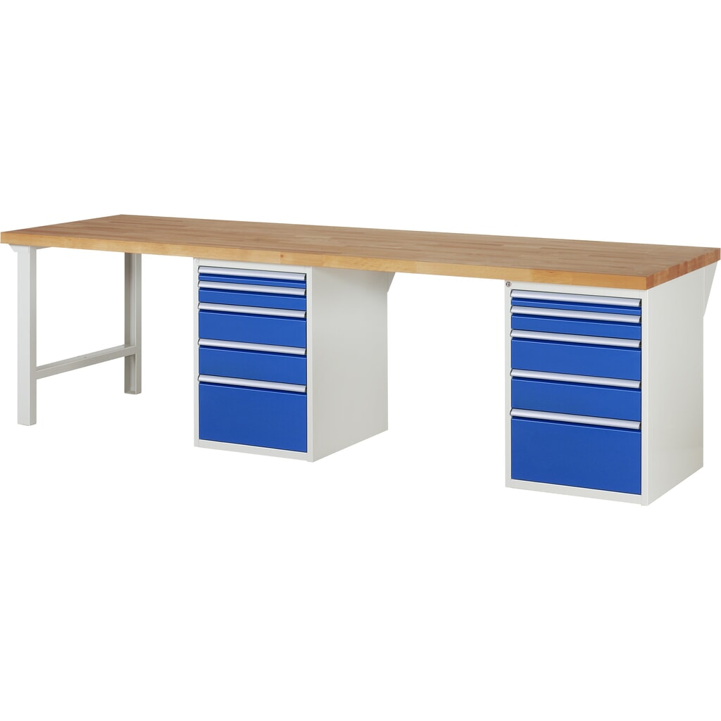 Pracovní stůl RAU řada 7000, 2 kontejnery, VxŠxH 890 x 3000 x 900 mm, 10x zásuvka 2 x 60 mm, 2 x 90 mm, 4 x 150 mm, 2 x 270 mm Obrázek produktu: Pracovní stůl RAU řada 7000, 2 kontejnery, VxŠxH 890 x 3000 x 900 mm, 10x zásuvka 2 x 60 mm, 2 x 90 mm, 4 x 150 mm, 2 x 270 mm
