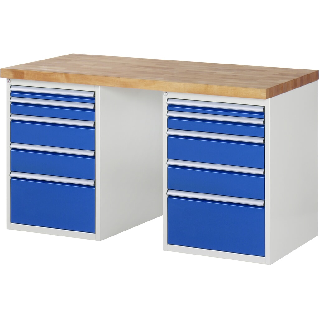 Číslo obrázku produktu 1: Pracovní stůl RAU, řada 7000, V×Š×H 890 × 1500 × 700 mm, 2 spodní kontejnery, každý se 5 zásuvkami
