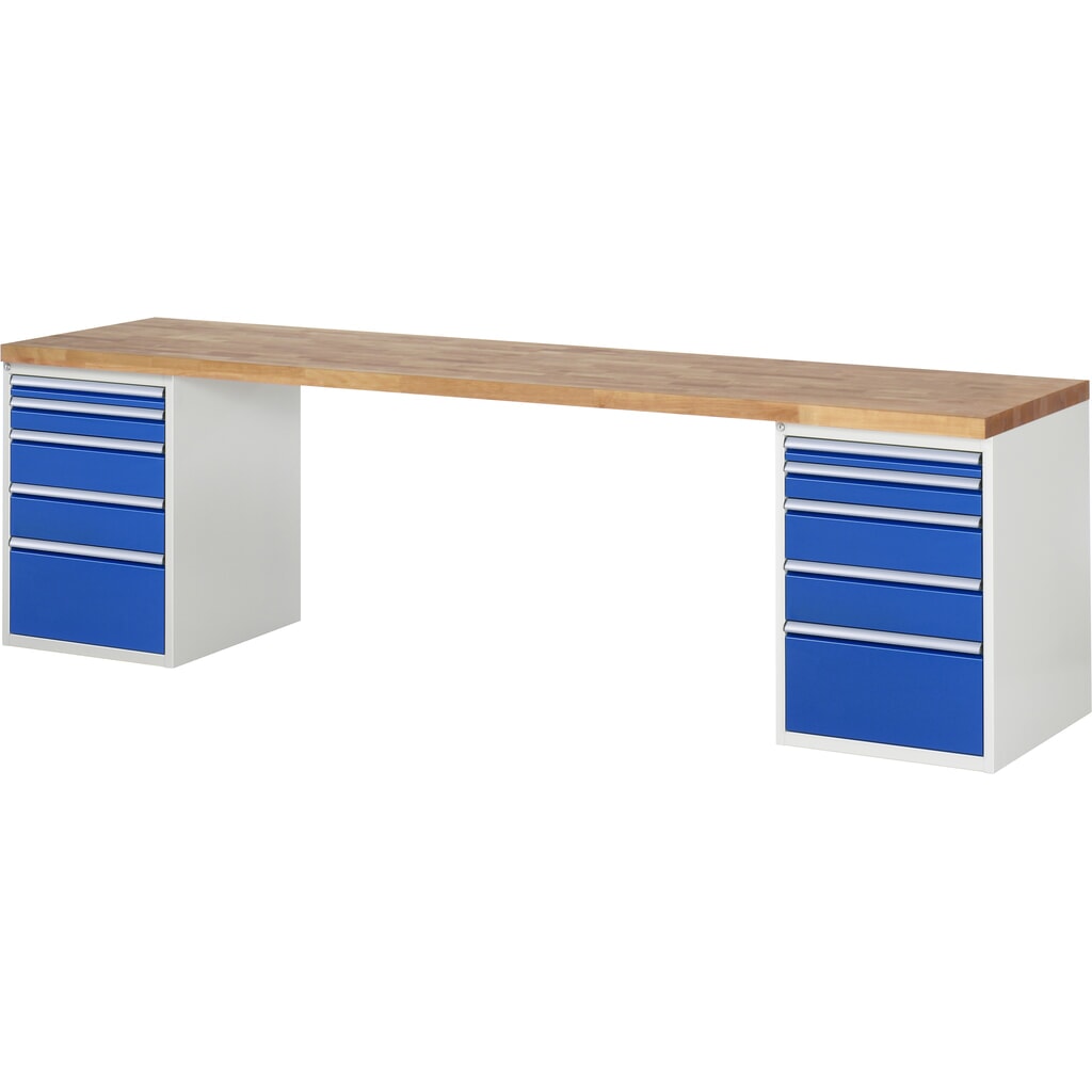 Obrázek produktu: Pracovní stůl RAU, řada 7000, V×Š×H 890 × 3000 × 700 mm, 2 spodní kontejnery, každý s 5 zásuvkami