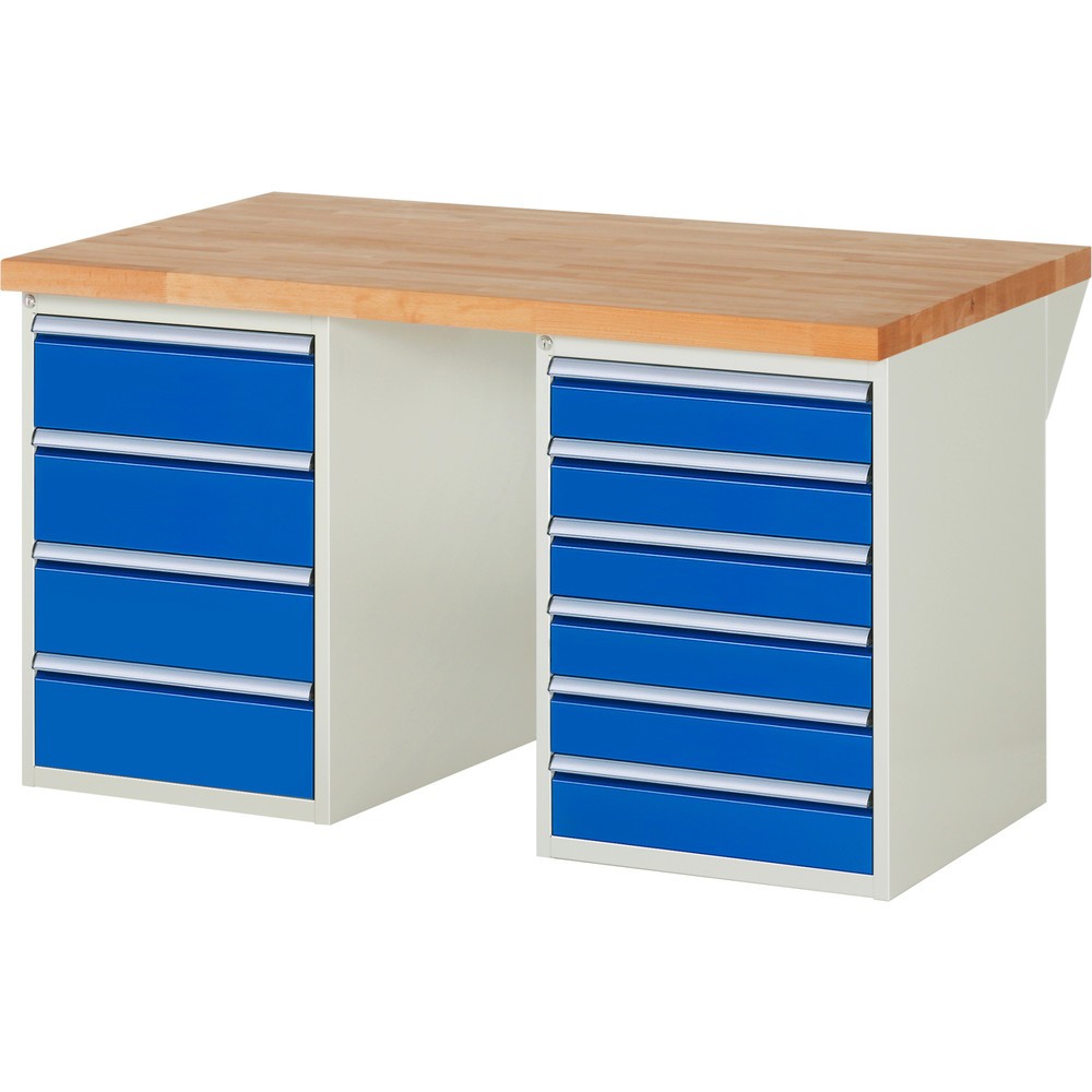 Číslo obrázku produktu 1: Pracovní stůl RAU řada 7000, 2 kontejnery, VxŠxH 890 x 1500 x 900 mm, 10x zásuvka, 6 x 120 mm, 4 x 180 mm