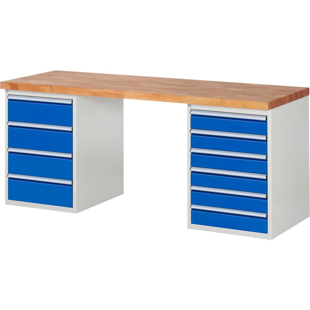 Číslo obrázku produktu 1: Pracovní stůl RAU řada 7000, 2 kontejnery, VxŠxH 890 x 2000 x 700 mm, 10x zásuvka, 6 x 120 mm, 4 x 180 mm