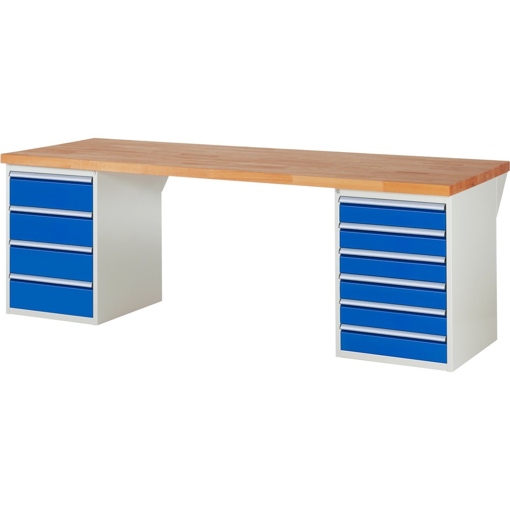 Číslo obrázku produktu 1: Pracovní stůl RAU řada 7000, 2 kontejnery, VxŠxH 890 x 2500 x 900 mm, 10x zásuvka, 6 x 120 mm, 4 x 180 mm